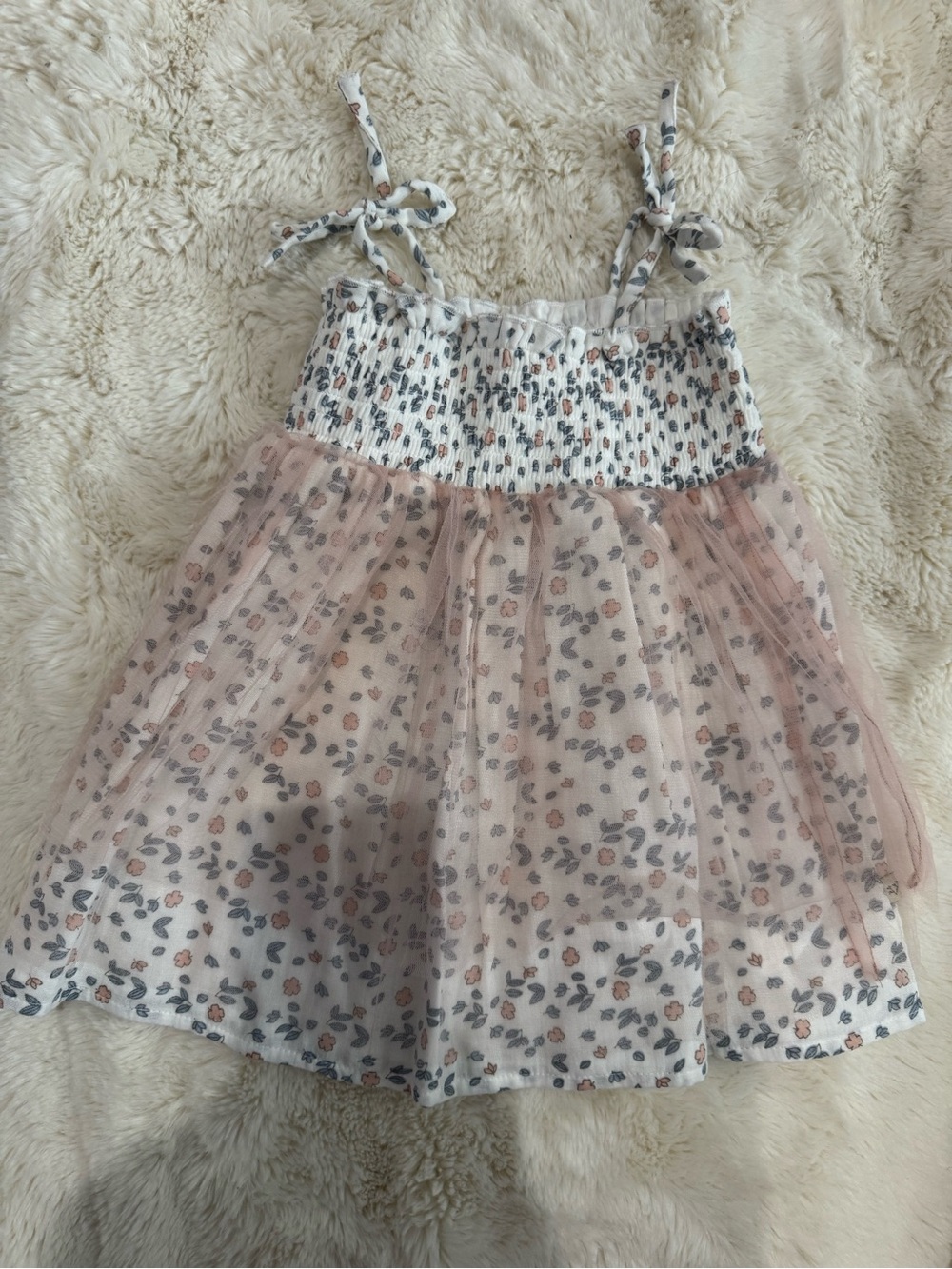 Girls Floral Tie-Shoulder Tulle Dress - Pink/White